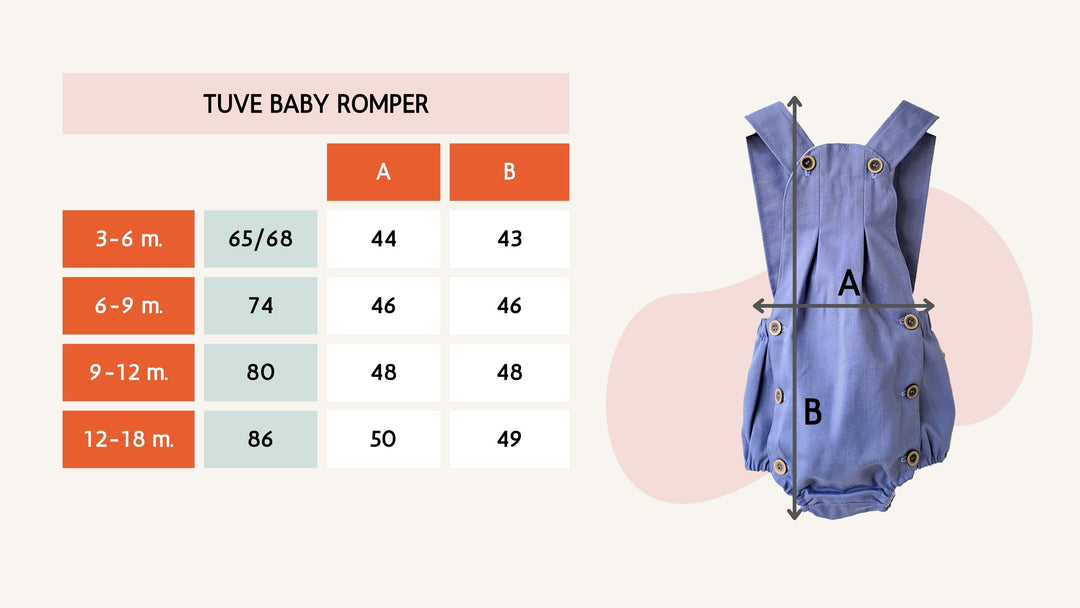Tuve Baby Romper Sarga Drill in Organic Cotton Size Chart | Tuve Babis Romper Sarga Drill i ekologisk bomull Storlekstabell