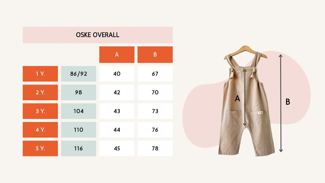 Size chart for Oske Overall made of natural Peruvian tocuyo cotton by Liten Aventuris. | Storlekstabell fĂśr Oske-overall gjord av naturlig peruansk tocuyo-bomull frĂĽn Liten Aventuris. | Tabla de medidas para el overol Oske hecho de algodĂłn tocuyo peruano natural de Liten Aventuris.