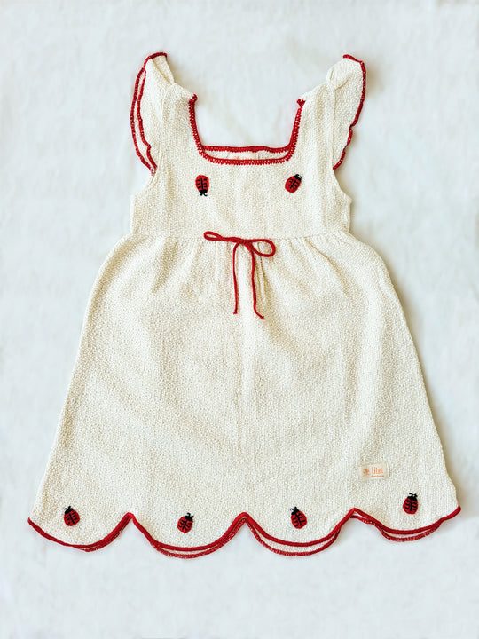 Liten Aventuris Collections. Bring luck and charm to your little one with this Zafirina dress! There's the belief in Italy that a ladybug brings good luck to the person it lands on. And we wanted to bring some luck to your little one. A knitted dress from Peruvian Cotton, and red knitted finishes bring a pop of color to this sweet garment. Hand-embroidered ladybugs playfully perch around the wavy-cut skirt, it's easy to see why Italy believes in good luck! Bomullsklänning fÜr babis och flickor.