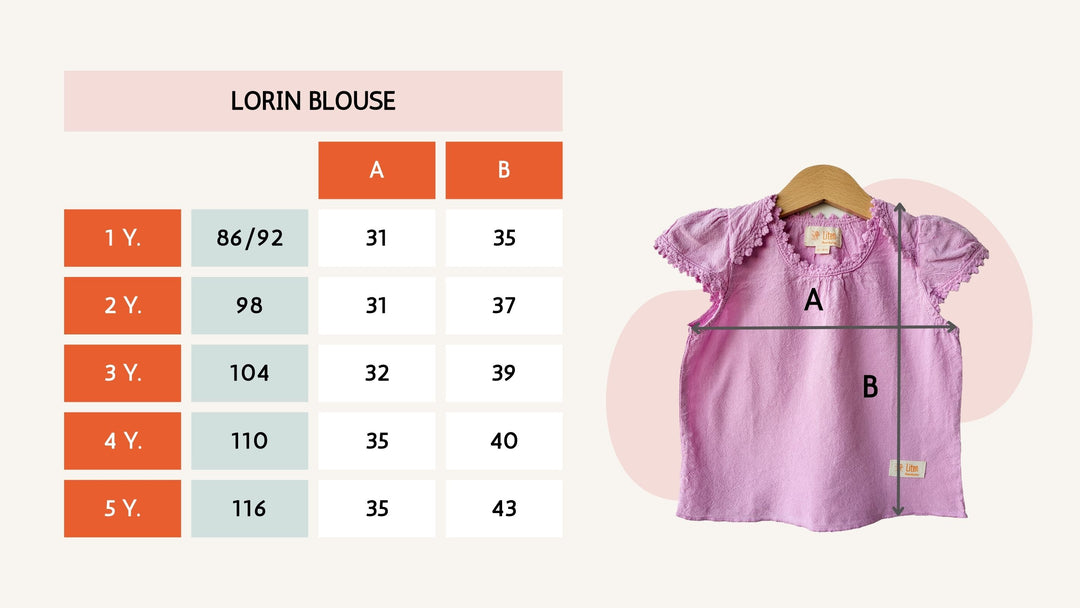 Size chart for Lorin Blouse made of flat-knitted Peruvian cotton by Liten Aventuris. | Storlekstabell för Lorin-blus gjord av plattstickad peruansk bomul från Liten Aventuris. | Tabla de medidas por talla para la Blusa Lorin hecha de algodón peruano por Liten Aventuris.