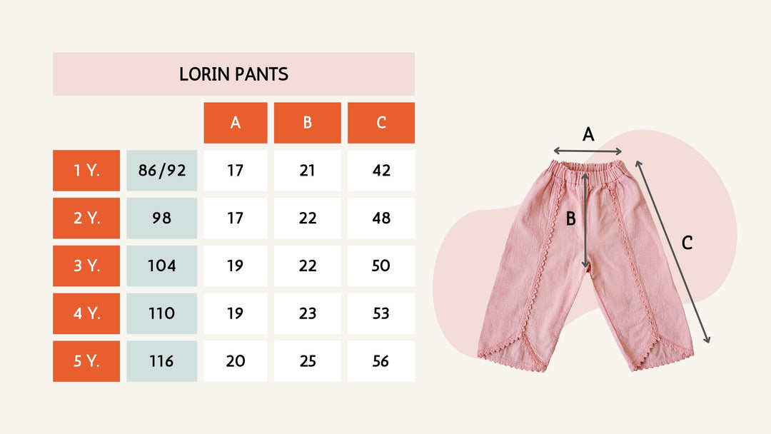 Size chart for Lorin Pants made of flat-knitted Peruvian cotton by Liten Aventuris. | Storlekstabell för Lorin-byxor gjorda av plattstickad peruansk bomull från Liten Aventuris. | Tabla de tallas para el pantalón Lorin hecho de algodón peruano tejido en punto plano por Liten Aventuris.